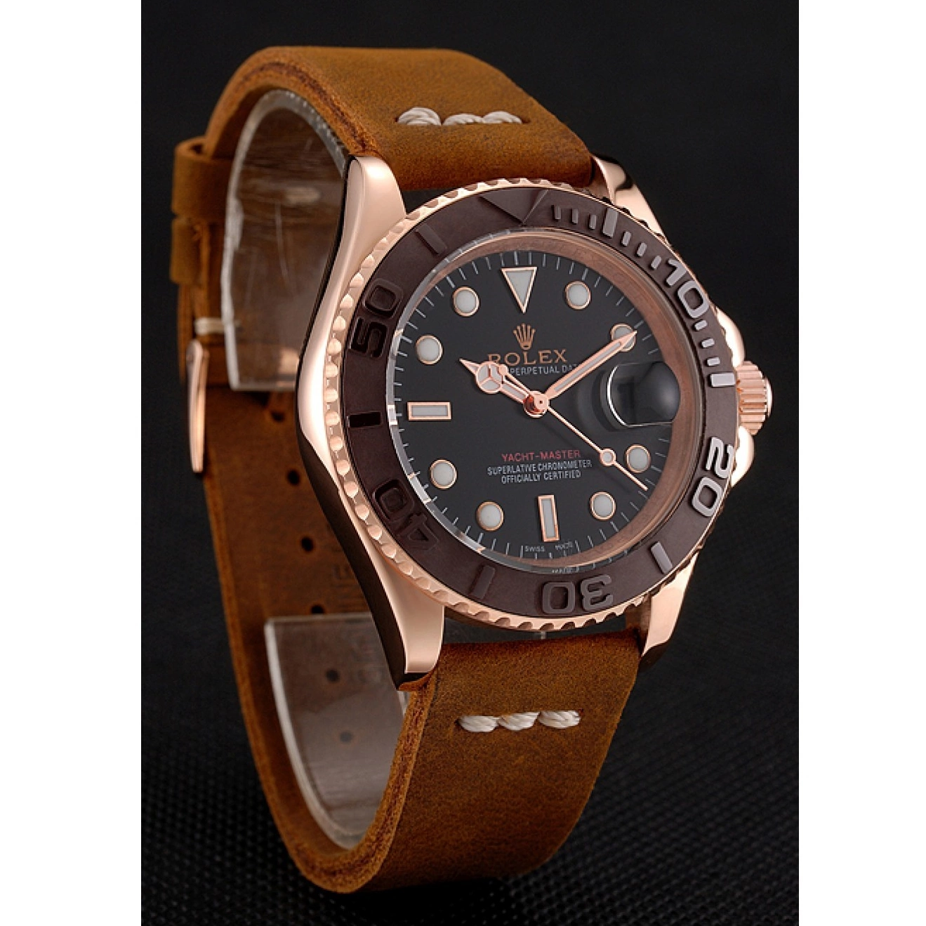 Aaa replica Gold Brown Yacht Bezel Black Dial 1453860 Case Rolex Rose Master Leather Brown Bracelet 0712